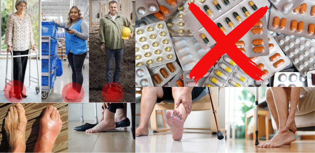 Collage of people with foot pain and painkillers