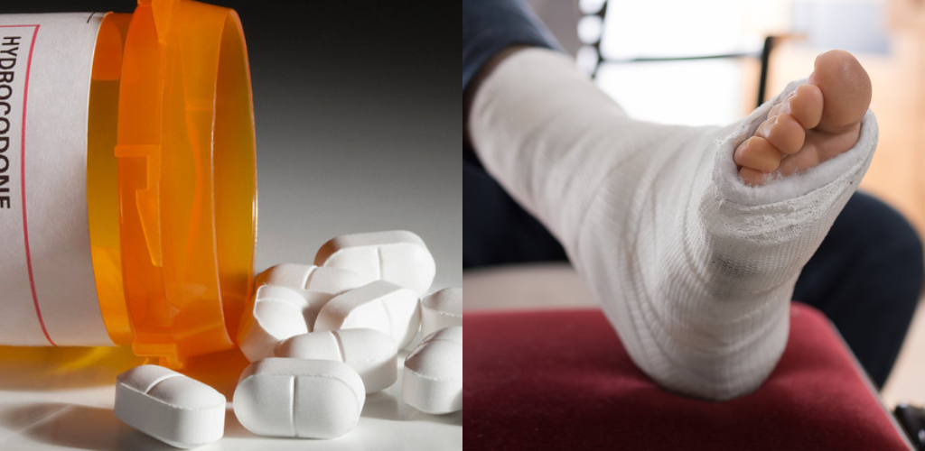 Image of painkillers and a foot wrapped in bandages